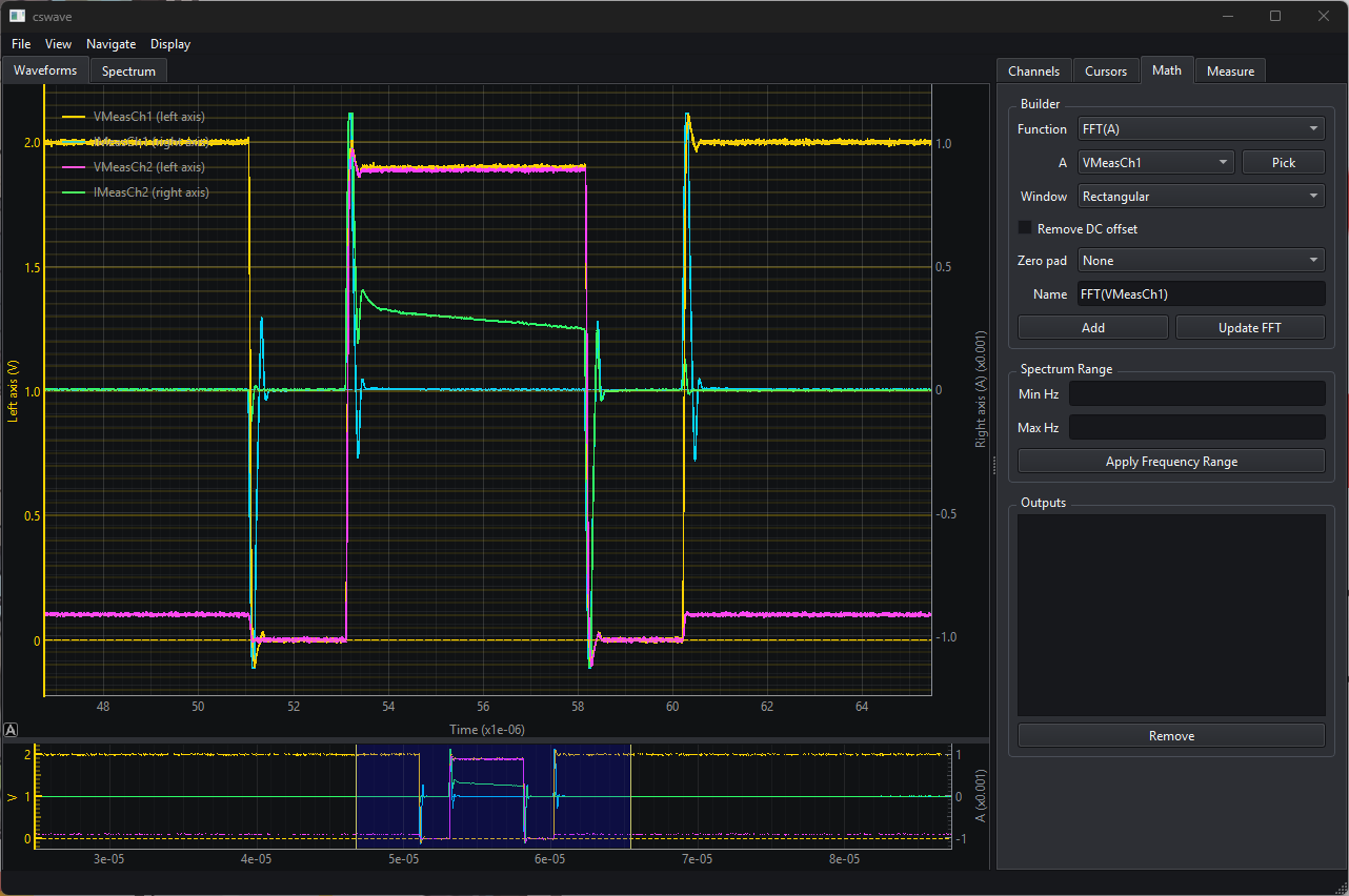 Waveform viewer with native menus and dark oscilloscope-style plots